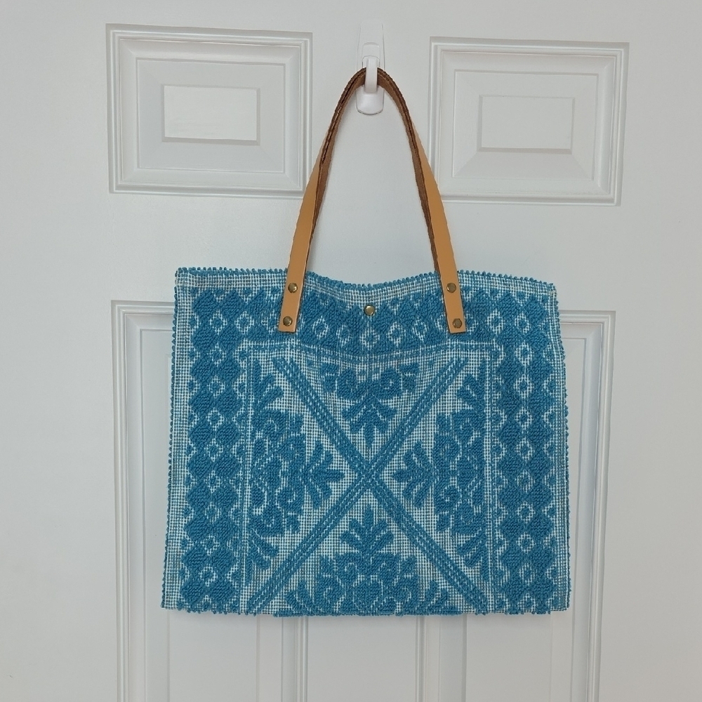 Turquoise Blue and White Tapestry Tote